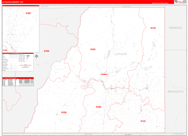La Plata County, CO Zip Code Wall Map Red Line Style by MarketMAPS